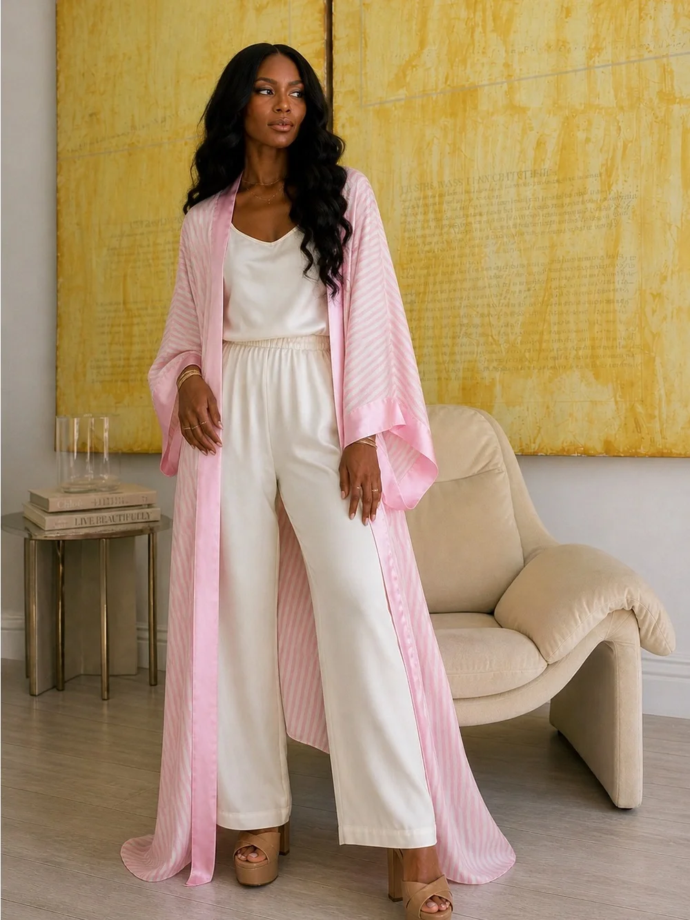 Show Me Your Mumu Harlow robe pink satin stripe coquette glam loungewear chic OS